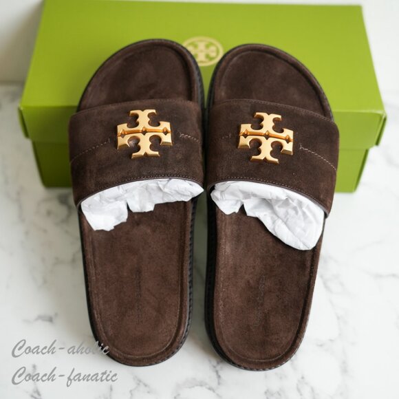 NIB Tory Burch Everly Anatomic Lug suede Slide Sandal in Dark Cocoa /Coconut - Picture 2 of 8